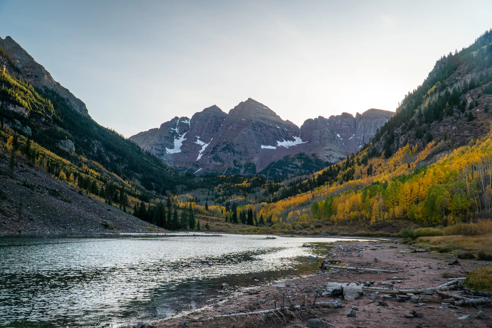 The Maroon Bells, Snowmass, Colorado, with fall foliage.